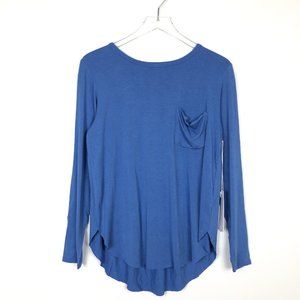 NWT Another Love Medium Long Sleeve Pocket Tee Curved Hem Rayon Blend Blue